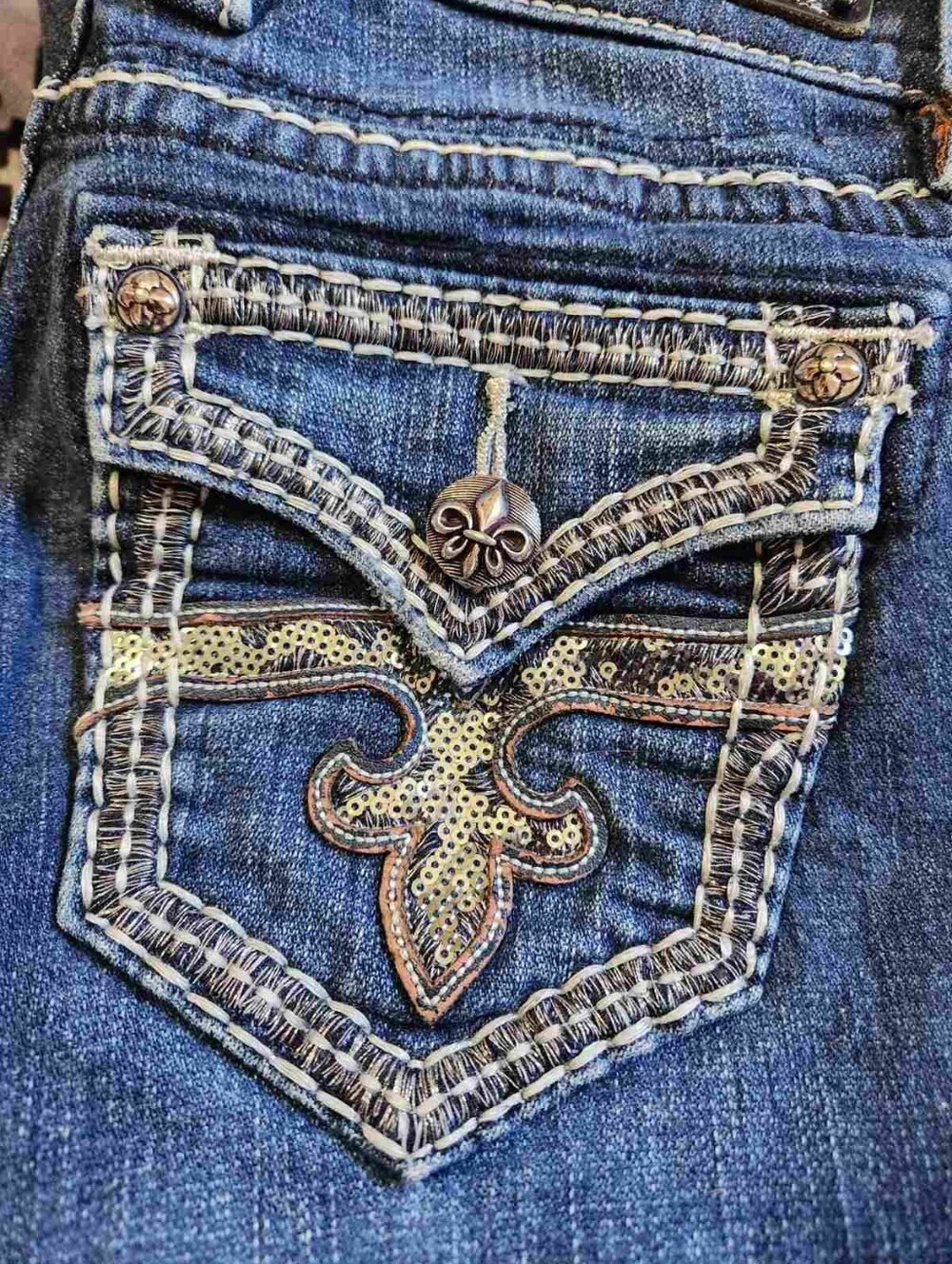 Rock Revival Roux B400 Bootcut Jeans Y2K McBling Sequin Fleur-De-Lis Sz 27 - Picture 9 of 15
